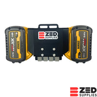 ZED 12V Middle Man adapter fitted with two DeWALT XR FlexVolt batteries, front view