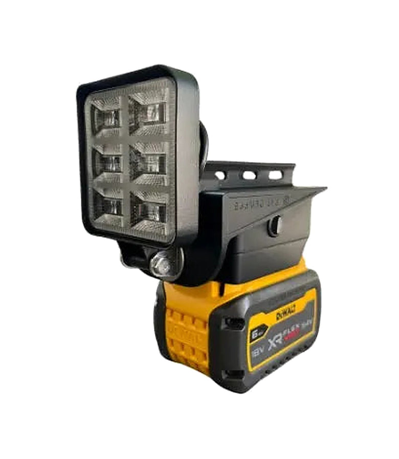 ZED 12V Power Plate battery adapter with LED flood light on a DeWALT XR FlexVolt battery