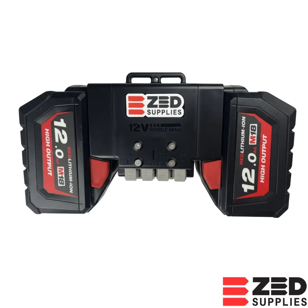 ZED 12V Middle Man battery adapter fitted with two Milwaukee M18 batteries, front view