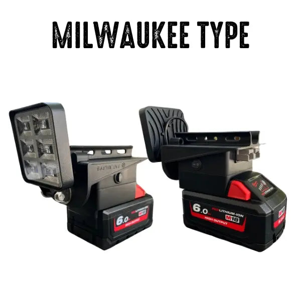 ZED Power Plate Milwaukee-type adapters with LED lights on Milwaukee M18 batteries