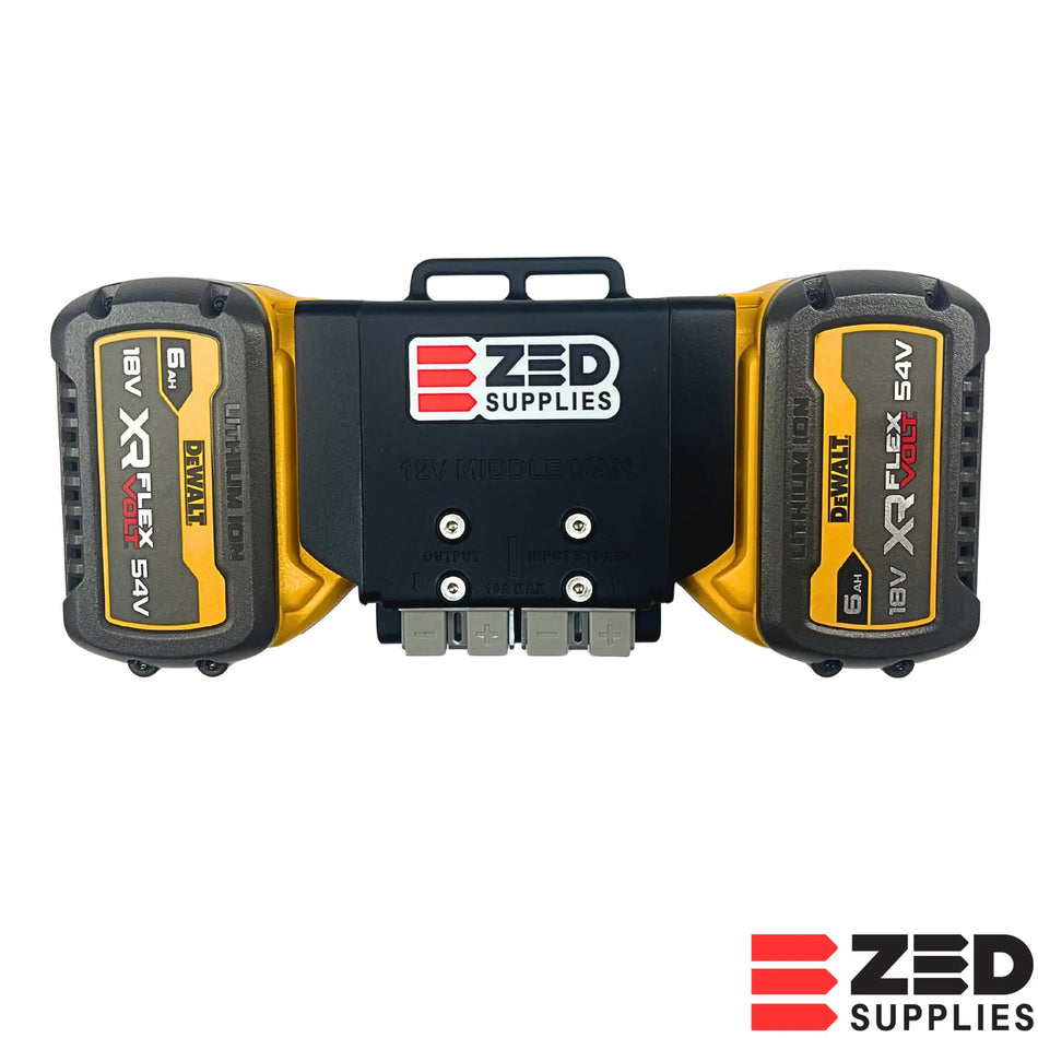 ZED 12V Middle Man adapter fitted with two DeWALT XR FlexVolt batteries, front view