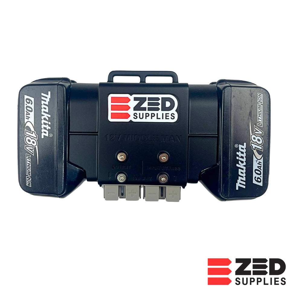 ZED 12V Middle Man adapter fitted with two Makita 18V LXT batteries, front view