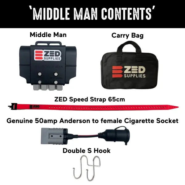 ZED Middle Man kit contents: adapter, carry bag, 65cm strap, Anderson-to-cigarette lead and S-hook