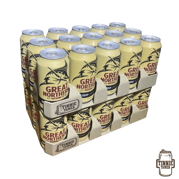 Two stacked Tinnie Tamer can trays fully loaded with Great Northern tinnies