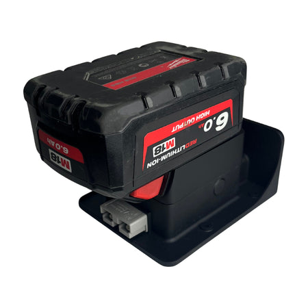 ZED 12V Battle Station fixed-mount battery adapter with a Milwaukee M18 6.0Ah battery and Anderson output