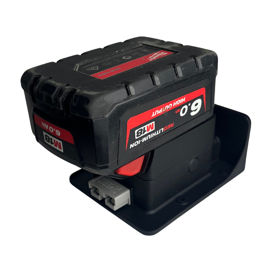 ZED 12V Battle Station fixed-mount battery adapter with a Milwaukee M18 6.0Ah battery and Anderson output
