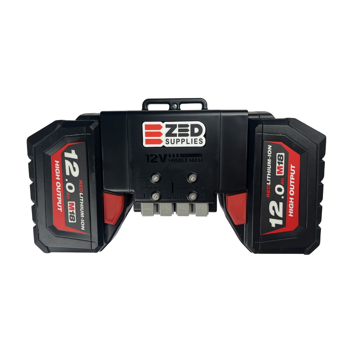 ZED 12V Middle Man battery adapter running two Milwaukee M18 12.0Ah batteries with twin Anderson outputs