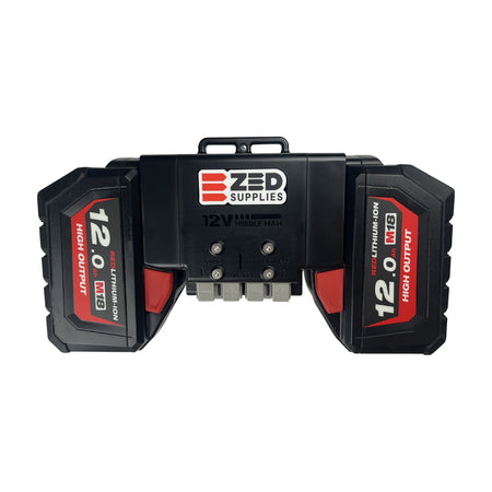 ZED 12V Middle Man battery adapter running two Milwaukee M18 12.0Ah batteries with twin Anderson outputs