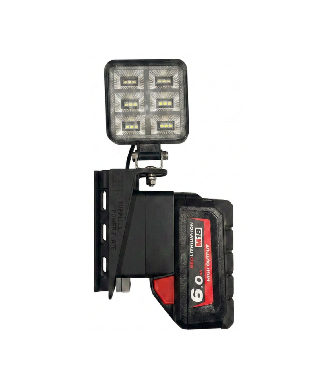 ZED 12V Power Plate battery adapter with LED flood light running on a Milwaukee M18 6.0Ah battery