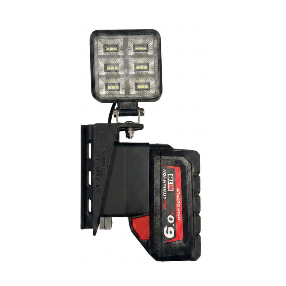 ZED 12V Power Plate battery adapter with LED flood light running on a Milwaukee M18 6.0Ah battery