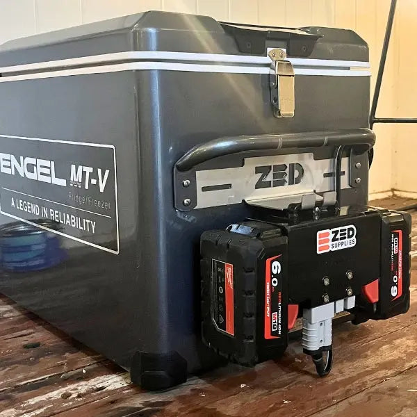ZED Middle Man with Milwaukee batteries mounted on the back of an Engel MT-V fridge