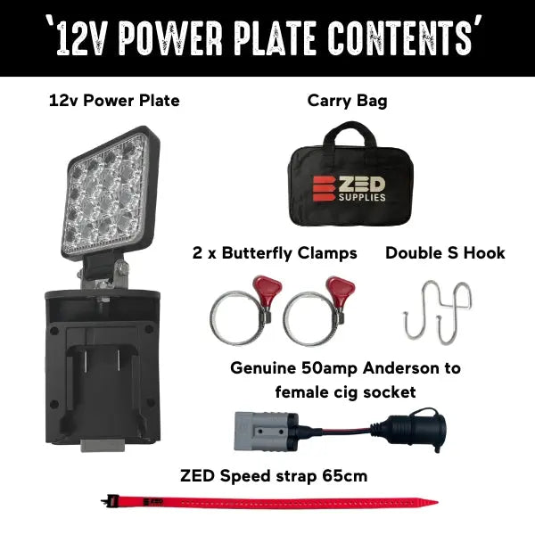 ZED 12V Power Plate kit contents: plate, carry bag, 2 butterfly clamps, S-hook, Anderson lead and 65cm strap
